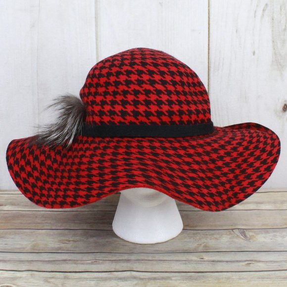 Something Special Red Houndstooth Wool Felt Soft Wide Brim Hat Size OS - Picture 3 of 9